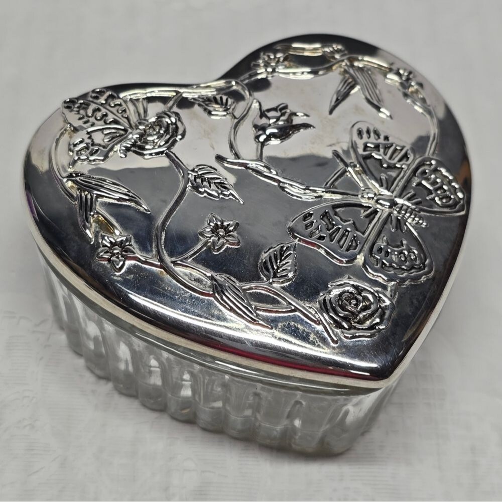 Vintage Silver Plated Butterfly Floral Lid Heart Shaped Glass Trinket Box